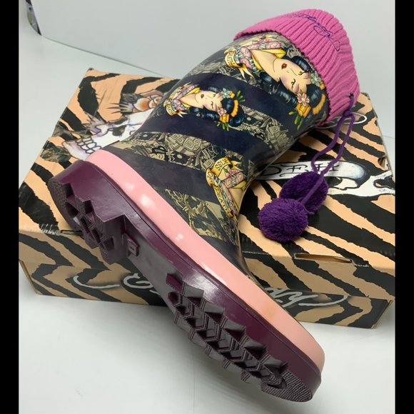 Women's Ed Hardy Pink Kiss of Death Rain Boots - Picture 3 of 5